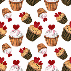Seamless pattern with capcakes, hearts on white background Watercolor illustration