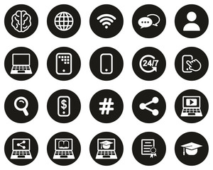 Online Education Icons White On Black Flat Design Circle Set Big