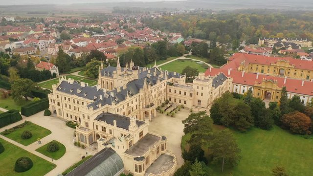 Aerial view on the medieval castle Lednice. South Moravian region. Czech Republic