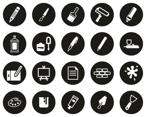 Painting & Art Equipment Icons White On Black Flat Design Circle Set Big