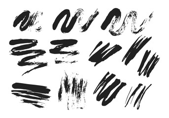 Grunge brush strokes. Vector paint stamp stripes. Isolated dirty paintbrush set. Chinese rough box shapes. Torn border. Distressed banner.