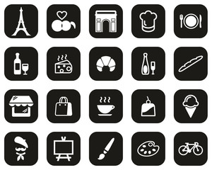 Paris City & Culture Icons White On Black Flat Design Set Big