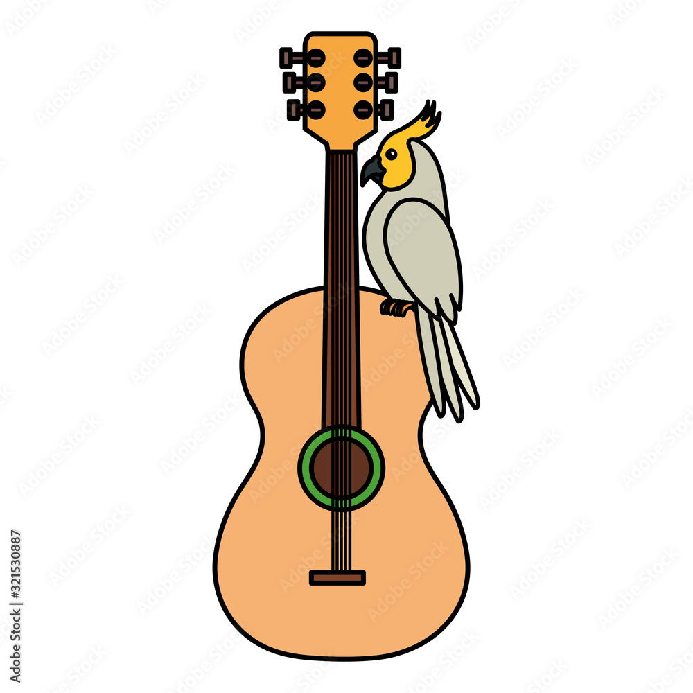 Sticker guitar with parrot bird isolated icon vector illustration design