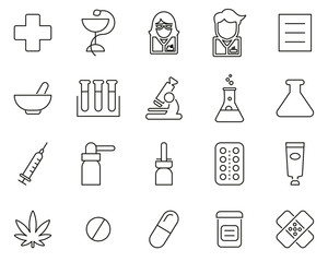 Pharmacy Or Drugstore Icons Black & White Thin Line Set Big