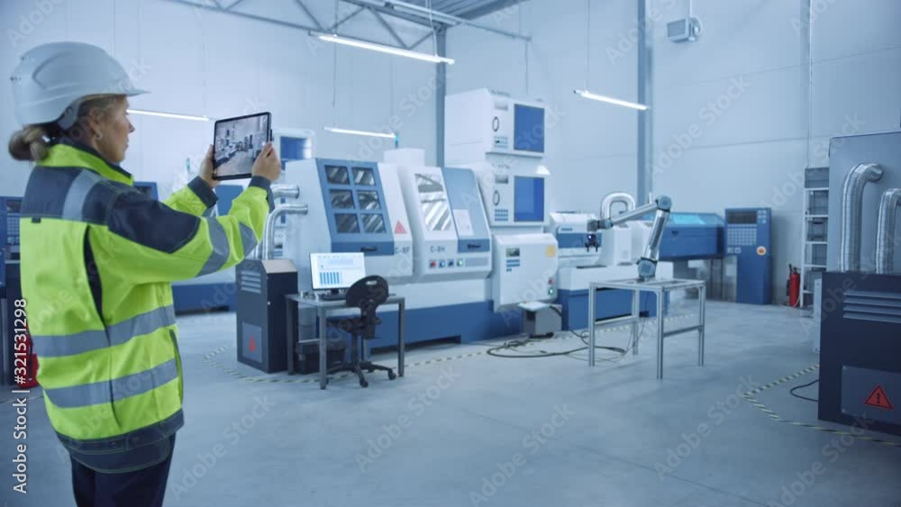 Leinwandbilder Industry 4.0 Modern Factory: Female Engineer Uses Digital Tablet Computer with Augmented Reality to Visualize Workshop Mapping, Floor Layout. Facility with High-Tech CNC Machinery and robot arm