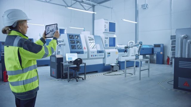 Industry 4.0 Modern Factory: Female Engineer Uses Digital Tablet Computer with Augmented Reality to Visualize Workshop Mapping, Floor Layout. Facility with High-Tech CNC Machinery and robot arm