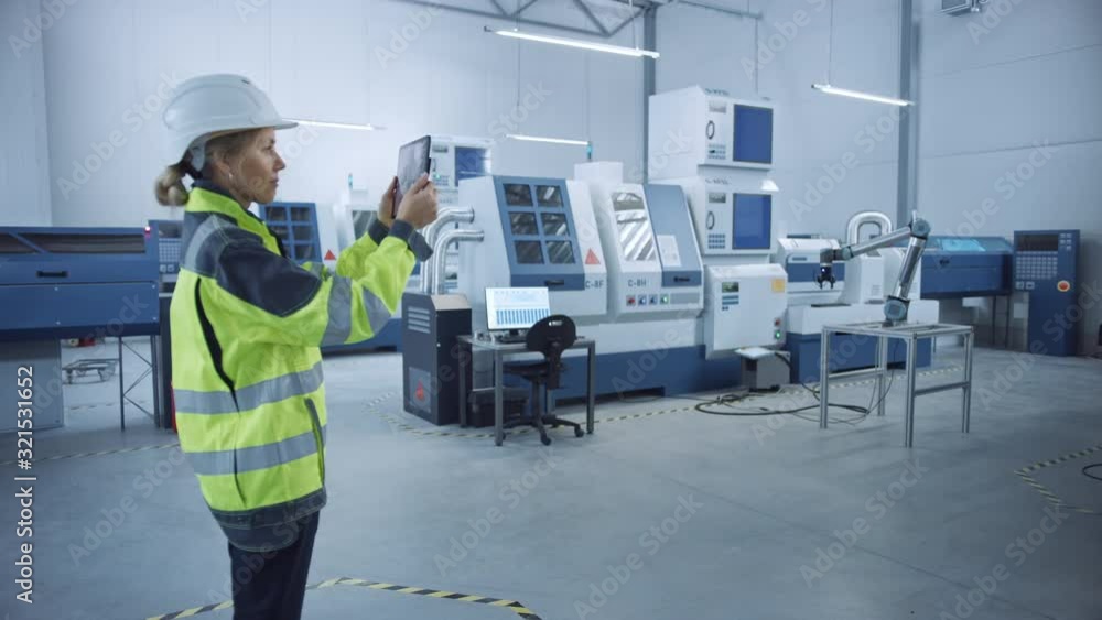 Poster Industry 4.0 Modern Factory: Female Engineer Uses Digital Tablet Computer with Augmented Reality to Visualize Workshop Mapping, Floor Layout. Facility with High-Tech CNC Machinery and robot arm