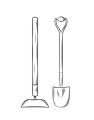 Vector illustration gardening tools and utensils isolated on a white background, hoe, spade. garden maintenance, landscaping and hobby concept, sketch style, line art.