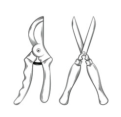 Vector illustration gardening tools and utensils isolated on a white background, shears, pruner, garden maintenance, landscaping and hobby concept, sketch style, line art.