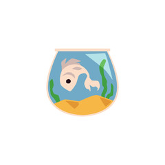 Cute fish in aquarium icon, flat cartoon vector illustration isolated on white.