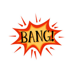 Bang - text on badge in explosion shape, cartoon vector illustration isolated.