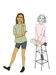 Two girlfriends, one standing and the other sitting on a bar stool