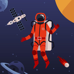 Astronaut in outer space on spaceship background, flat vector illustration.