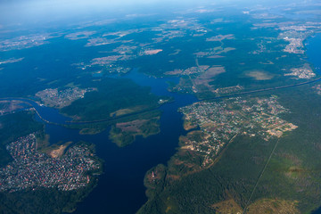 Aerial landscape with islands and buildings
