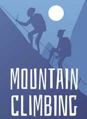 Mountain climbing banner with alpinists silhouettes flat vector illustration.