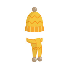 Winter knitted warm hat and mittens flat cartoon vector illustration isolated.