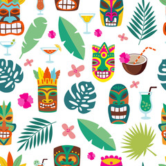 Tropical leaves and totem masks in seamless pattern, cartoon vector illustration.