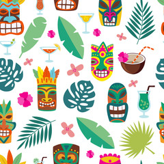 Tropical leaves and totem masks in seamless pattern, cartoon vector illustration. © sabelskaya