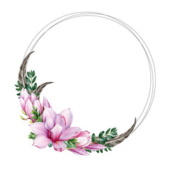 Magnolia flower wreath with feathers and buxus leaves watercolor illustration. Tender spring blossom with a bud and green leaf wreath. Hand drawn invitation card with full bloom magnolia flower. 