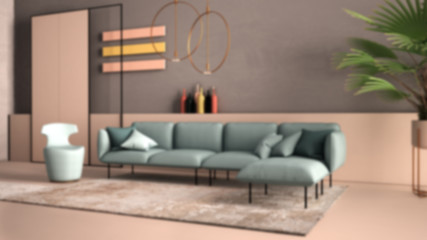 Blur background interior design, contemporary living room, sofa, armchair, carpet, concrete walls, potted plant and decors, pendant lamps. Atmosphere, architecture idea