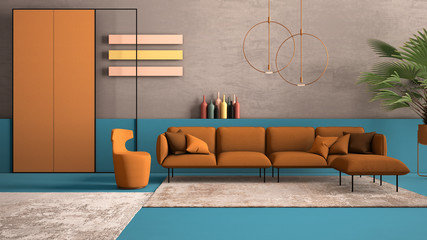 Orange and light blue colored contemporary living room, pastel colors, sofa, armchair, carpet, concrete walls, potted plant, copper lamp. Interior design atmosphere, architecture idea