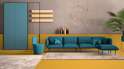 Yellow and blue colored contemporary living room, sofa, armchair, carpet, concrete walls, potted plant and decors, copper pendant lamps. Interior design atmosphere, architecture idea