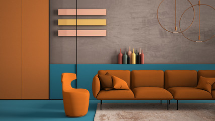 Orange and light blue colored contemporary living room, pastel colors, sofa, armchair, carpet, concrete walls, panels, copper lamp. Interior design atmosphere, architecture idea