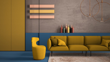 Yellow and blue colored contemporary living room, sofa, armchair, carpet, concrete walls, panels and decors, copper pendant lamps. Interior design atmosphere, architecture idea