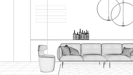 Blueprint project draft, contemporary living room, sofa, armchair, carpet, concrete walls, panels and decors, pendant lamps. Interior design atmosphere, architecture idea