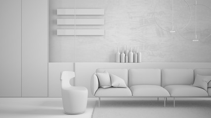 Total white project draft, contemporary living room, sofa, armchair, carpet, concrete walls, panels and decors, pendant lamps. Interior design atmosphere, architecture idea