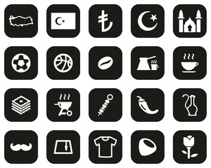 Republic Of Turkey Country & Culture Icons White On Black Flat Design Set Big