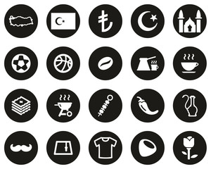 Republic Of Turkey Country & Culture Icons White On Black Flat Design Circle Set Big