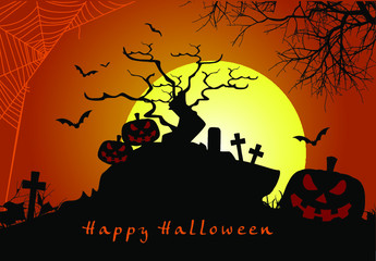 Halloween poster template with scary cemetery and zombie background with seamless pattern of a pumpkins