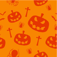 Halloween poster template with scary cemetery and zombie background with seamless pattern of a pumpkins