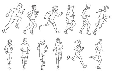 Fototapeta na wymiar Cartoon people running a marathon - isolated set of runner crowd