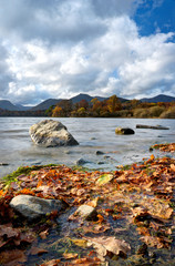 Fototapeta premium Landscape portrait shot close to the water with colourful leaves during an autumn day in Keswick, Lake District