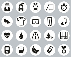 Running Or Jogging Icons Black & White Flat Design Circle Set Big