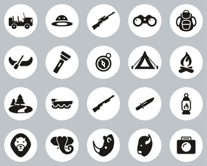 Safari Or Hunting Icons Black & White Flat Design Circle Set Big
