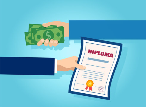 Vector of one hand offering money in exchange for a diploma