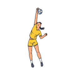 Fototapeta na wymiar Cartoon athlete woman playing volleyball - flat isolated drawing