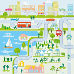 Stadt mit Fußgänger und öffentlichen Verkehr