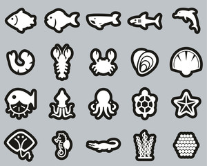 Sea Life & Seafood Icons White On Black Sticker Set Big