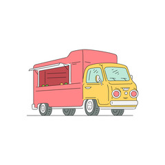 Empty red and yellow food truck isolated on white background