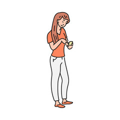 Cartoon woman holding phone and looking at screen while smiling