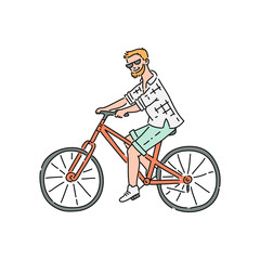 Bicyclist or bikeman male character riding sketch vector illustration isolated.