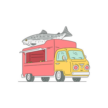 Fresh sea food mobile restaurant truck sketch vector illustration isolated.