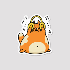 Funny cartoon cat listening to loud music on headphones - happy cute animal