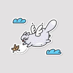 Funny fat cat flying to catch bird, sketch cartoon vector illustration isolated.