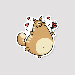 Comic fat cat running with flowers sketch cartoon vector illustration isolated.