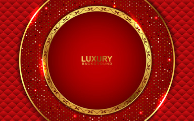 Luxury red paper shapes background a combination with shine golden dots glitters decoration. Elegant vector design for use element poster celebration, banner party, anniversary flyer, greeting card